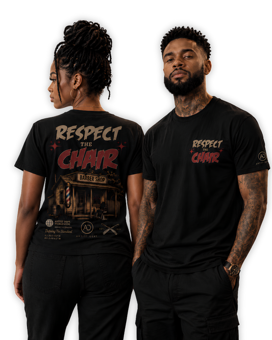 RESPECT THE CHAIR Unisex graphic barber back design t-shirt