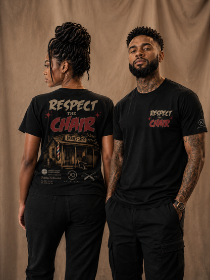 RESPECT THE CHAIR Unisex graphic barber back design t-shirt
